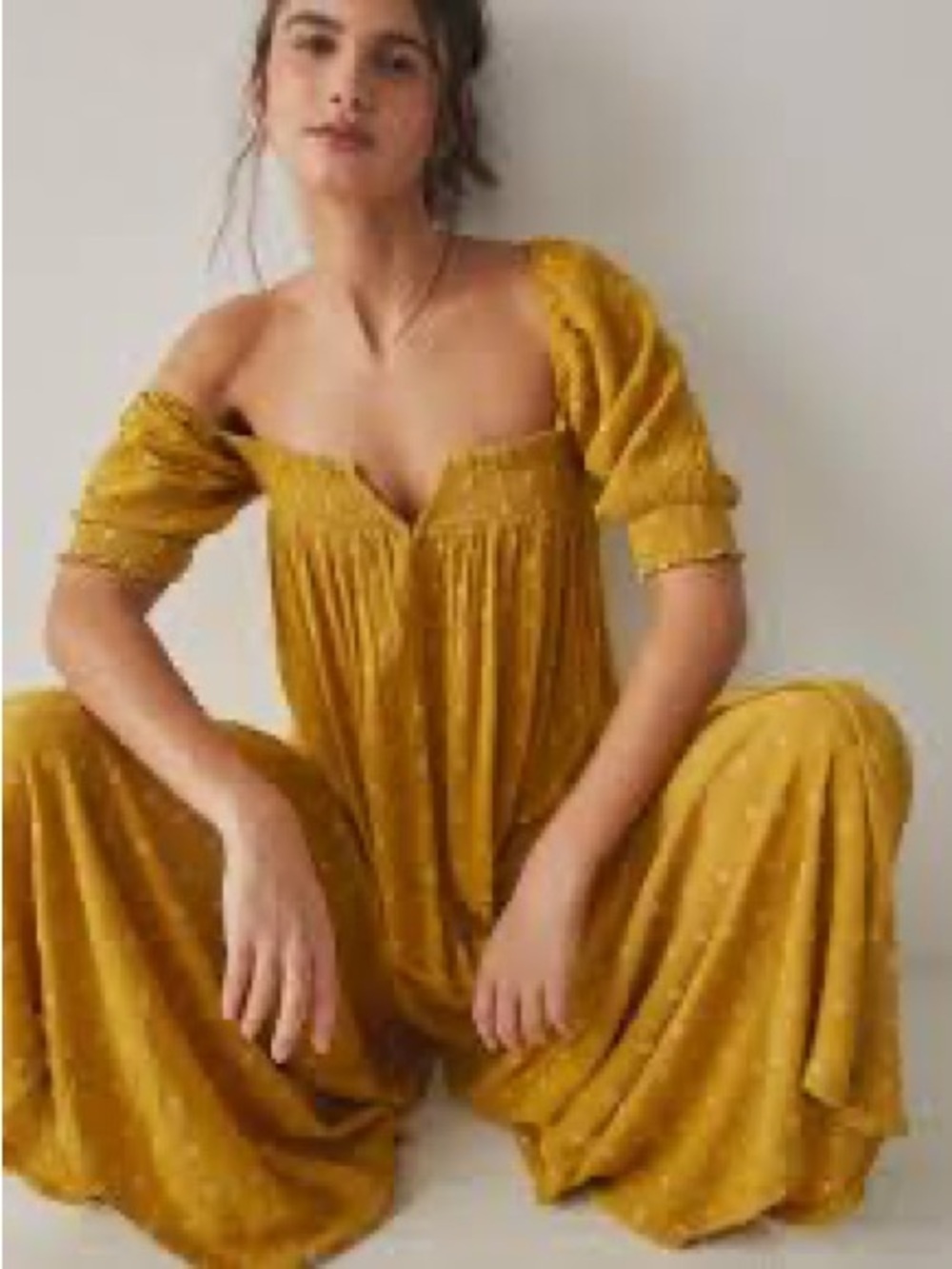 Mustard Yellow Free People Off-Shoulder Jumpsuit